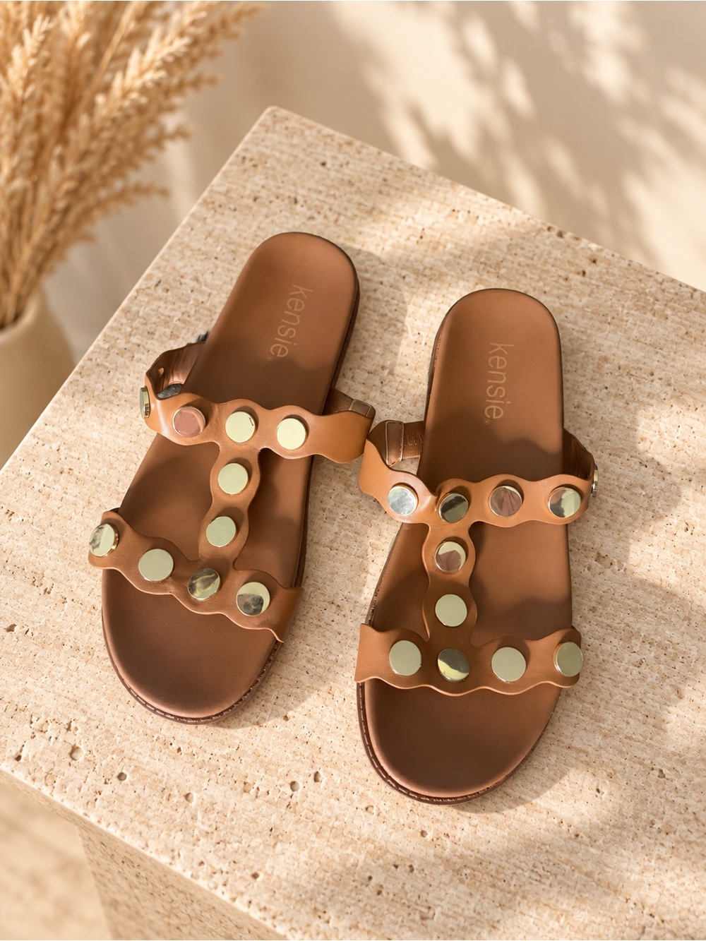 Kensie Brown Slide Sandals with Gold Discs